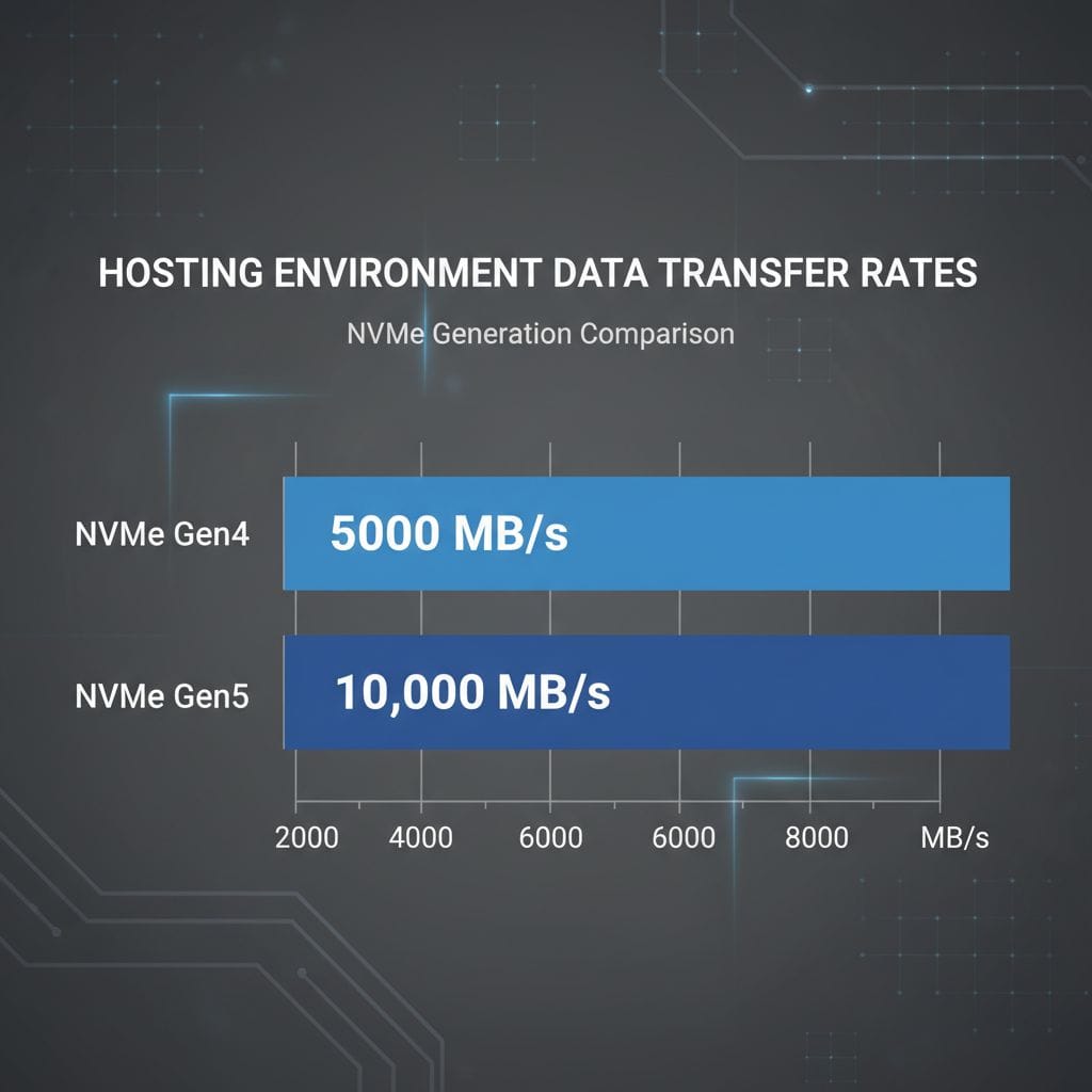 Comparison of NVMe Gen4 vs NVMe Gen5 storage speeds for web hosting servers. Comparison of NVMe Gen4 vs NVMe Gen5 storage speeds for web hosting servers.