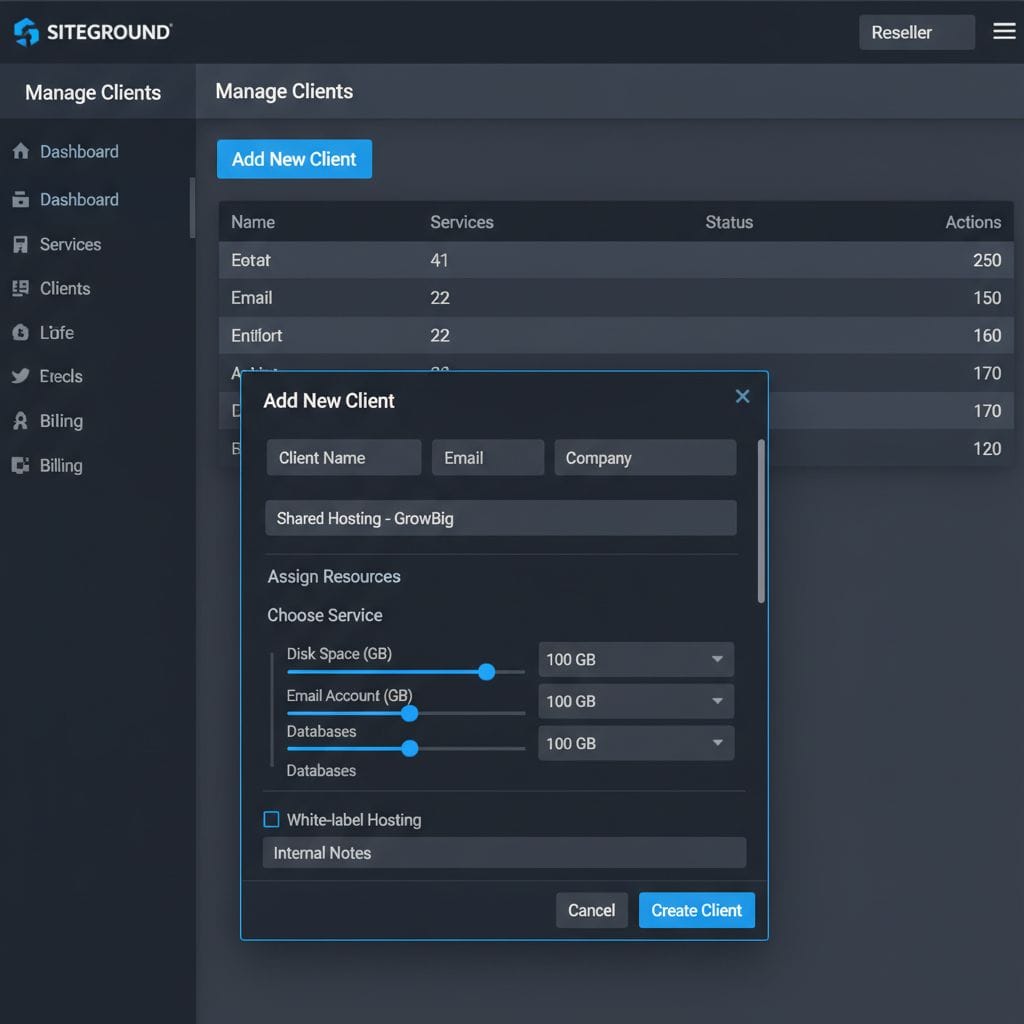 SiteGround Reseller central dashboard showing client management tools. SiteGround Reseller central dashboard showing client management tools.