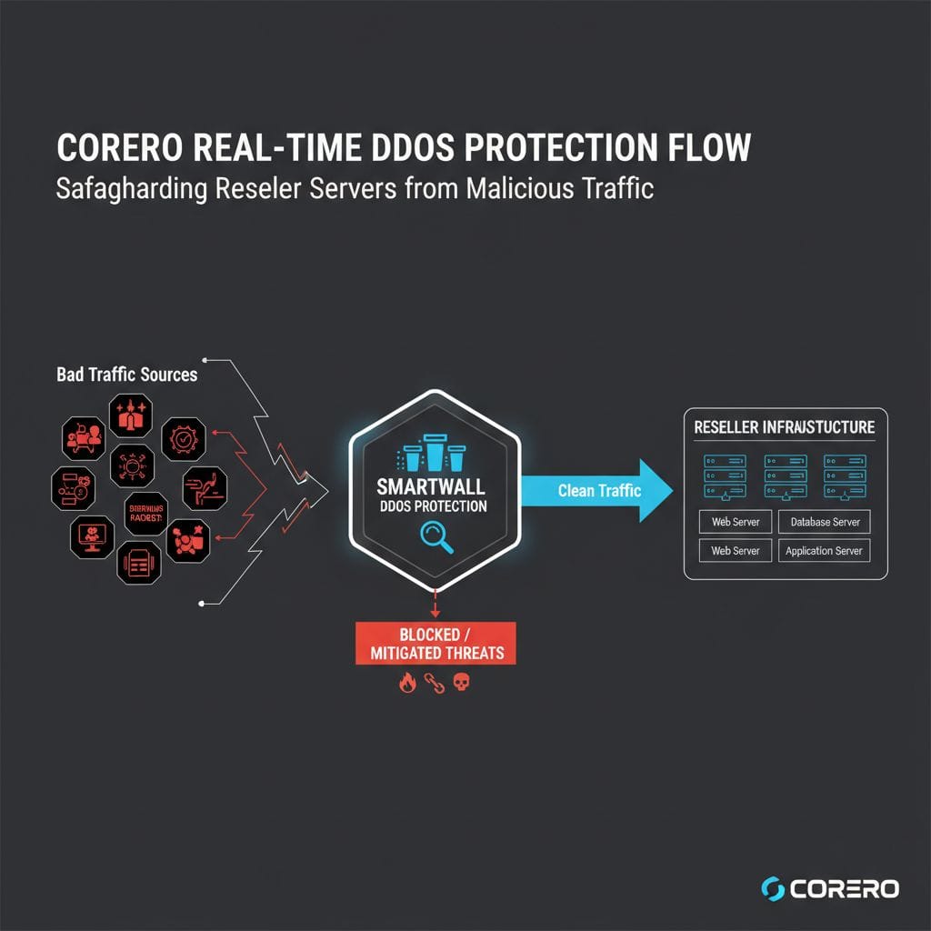 InMotion Hosting reseller security features and DDoS protection diagram. InMotion Hosting reseller security features and DDoS protection diagram.