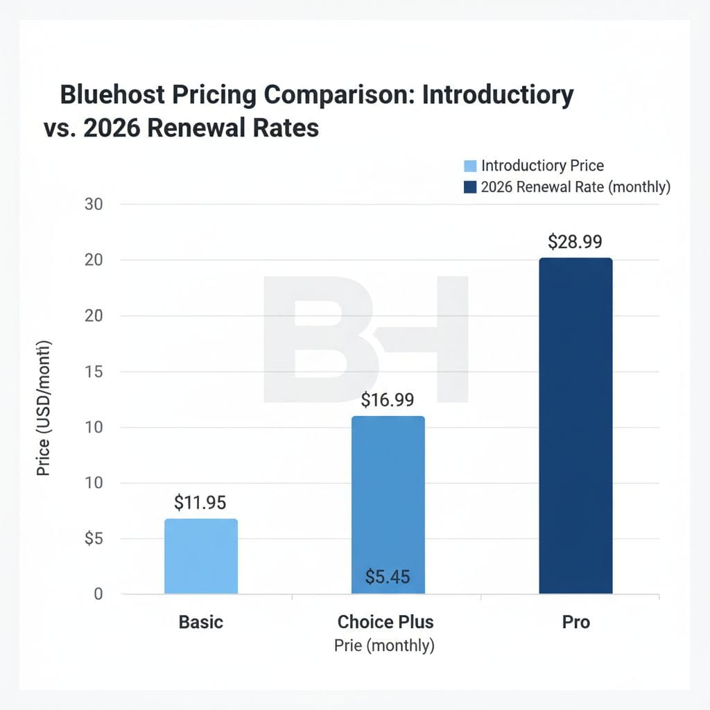 Bluehost pricing comparison chart 2026 showing intro vs renewal rates