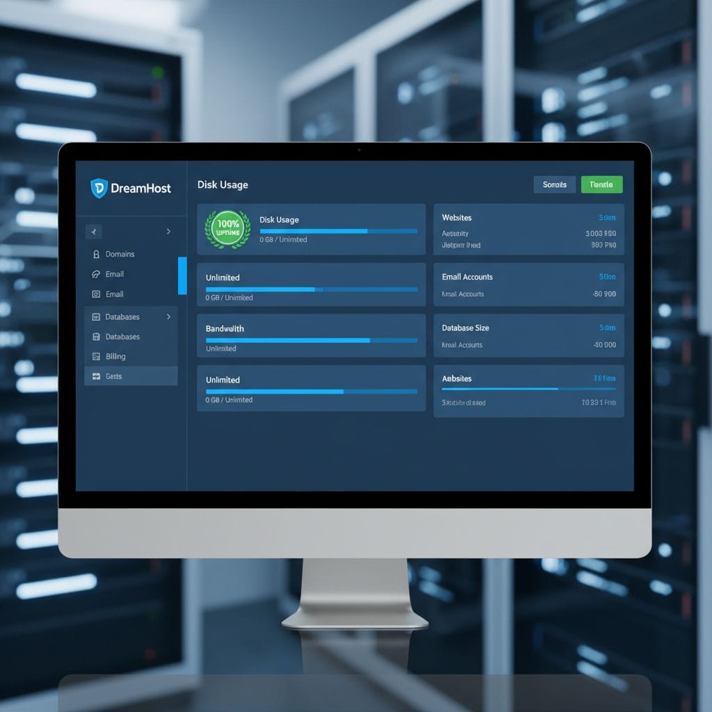 DreamHost 2026 dashboard interface showing unlimited storage and bandwidth metrics DreamHost 2026 dashboard interface showing unlimited storage and bandwidth metrics