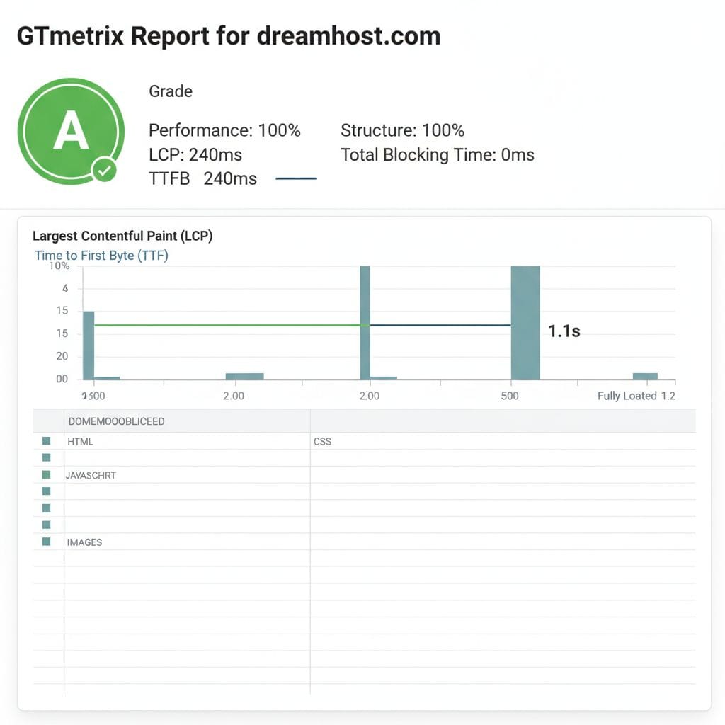 DreamHost speed test results 2026 showing TTFB and LCP metrics DreamHost speed test results 2026 showing TTFB and LCP metrics