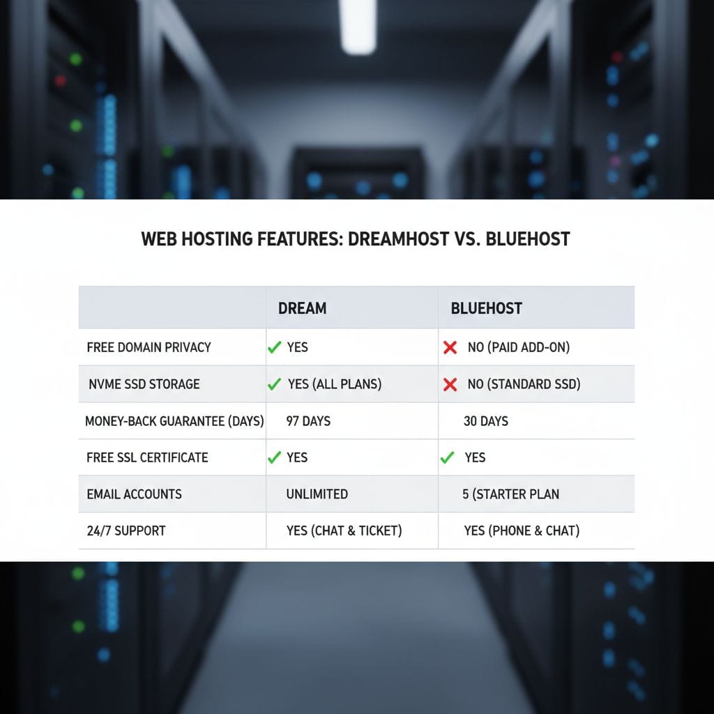 DreamHost vs Bluehost 2026 comparison chart showing features and pricing DreamHost vs Bluehost 2026 comparison chart showing features and pricing