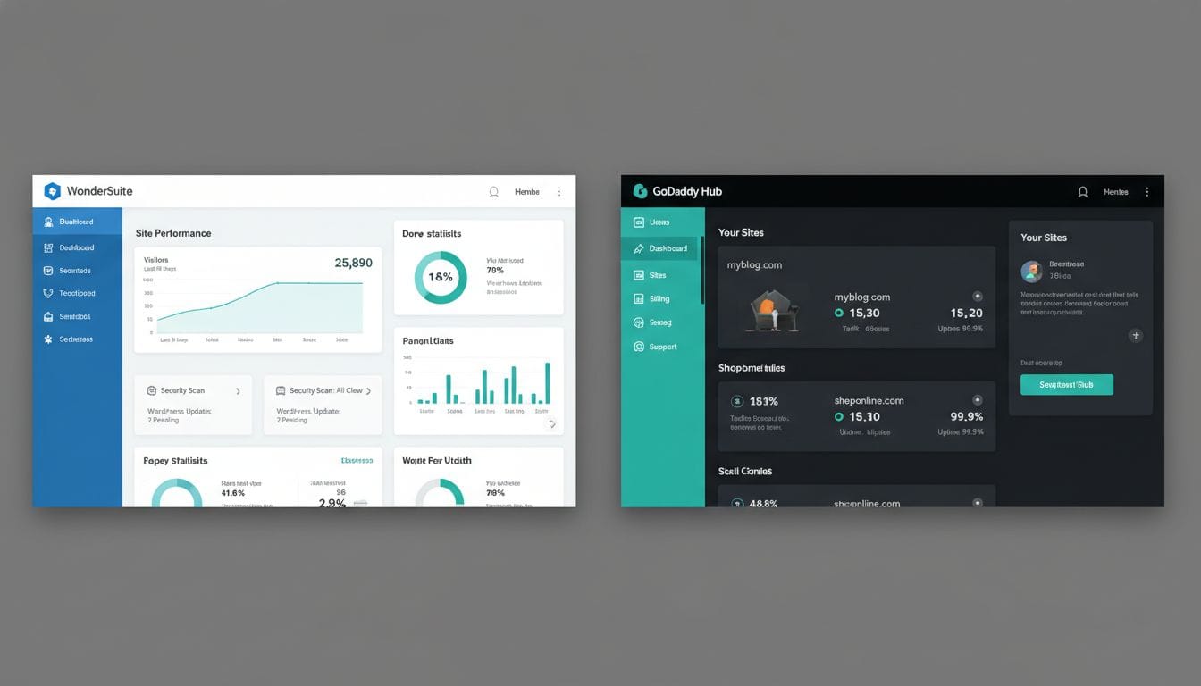 Side-by-side comparison of Bluehost and GoDaddy WordPress hosting dashboards in 2026