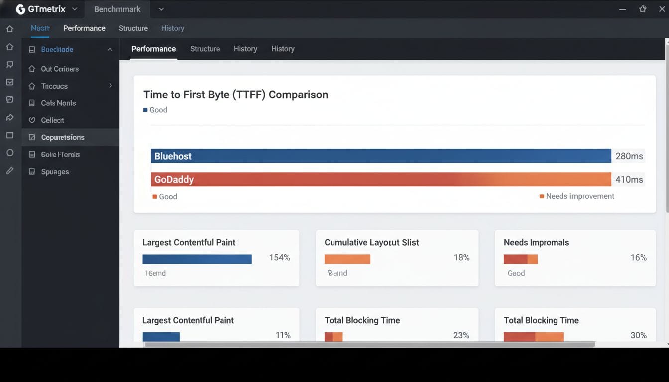 GTmetrix performance report comparing Bluehost and GoDaddy load times
