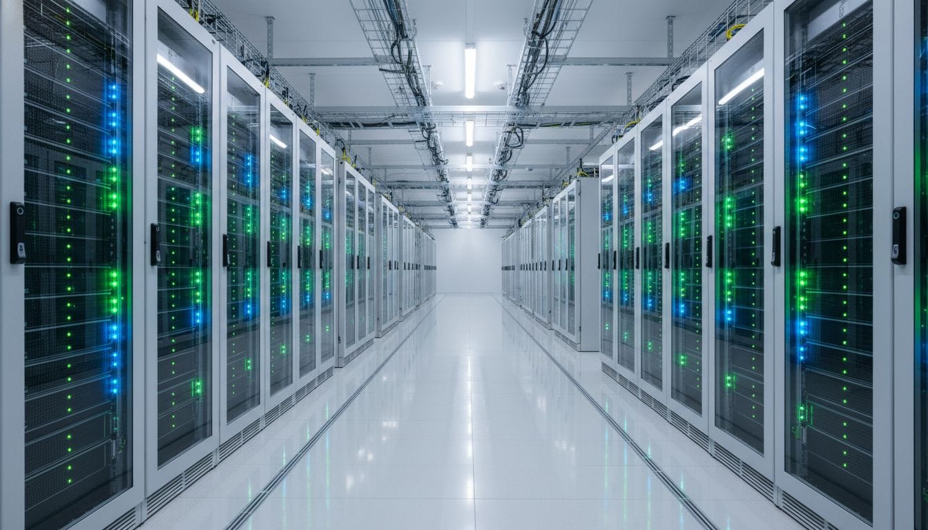 Photorealistic view of a modern data center with NVMe server racks