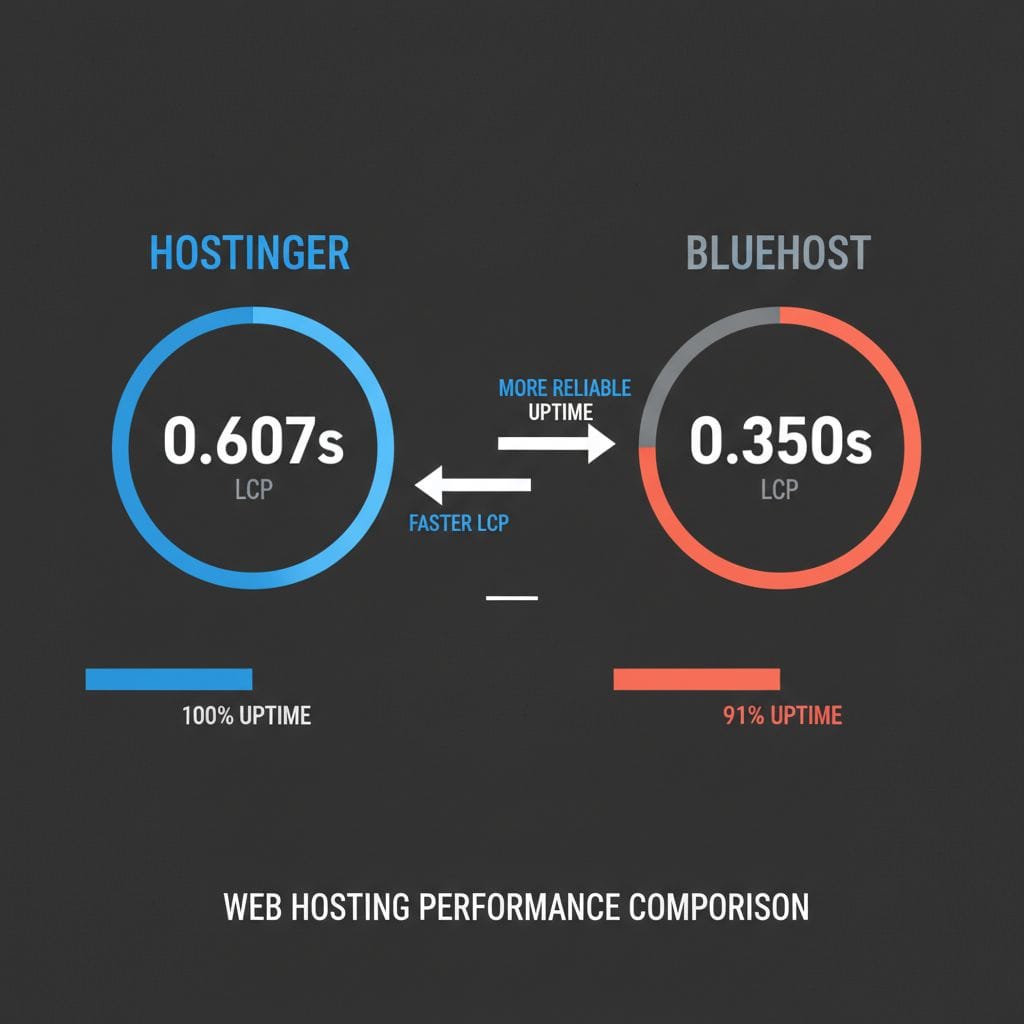 Hostinger vs Bluehost 2026 performance comparison chart showing LCP and uptime metrics Hostinger vs Bluehost 2026 performance comparison chart showing LCP and uptime metrics