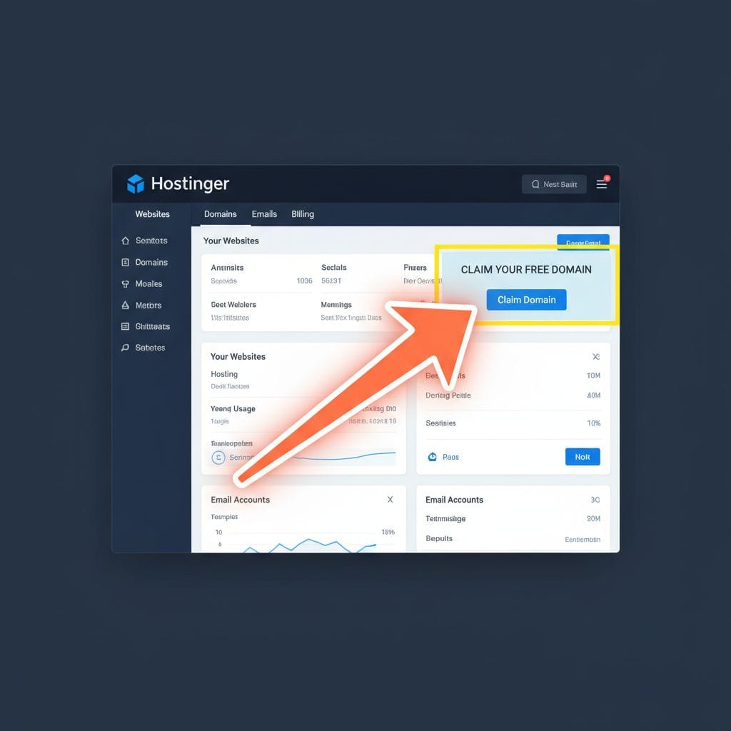 Hostinger hPanel dashboard showing the claim free domain banner