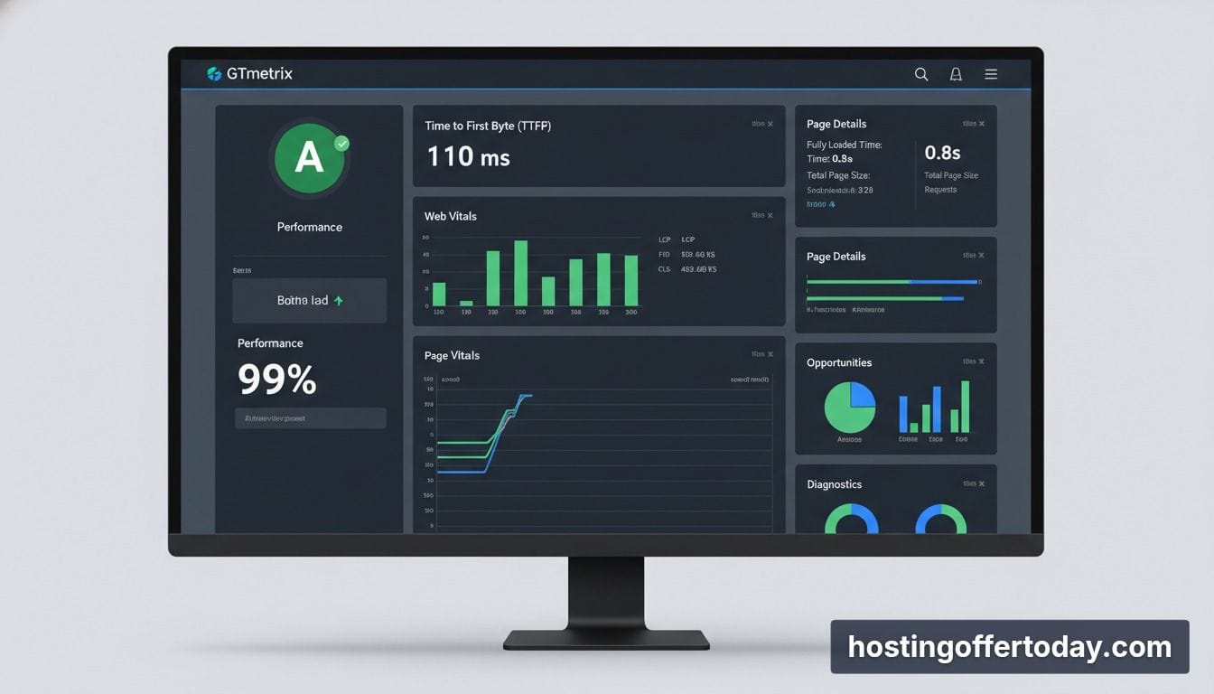 Kinsta hosting review 2026 speed test dashboard showing 99 percent performance score and low TTFB