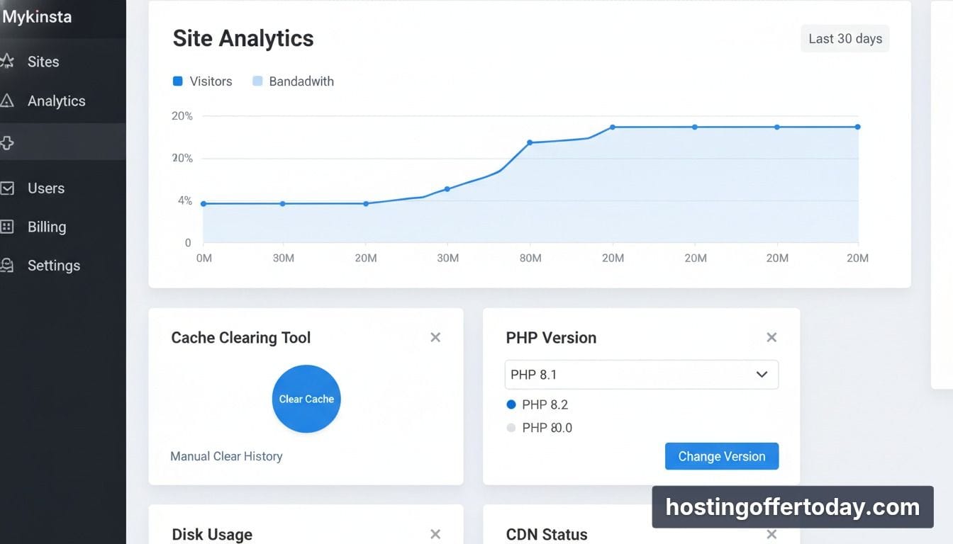 MyKinsta dashboard interface in our Kinsta hosting review 2026 showing site management and analytics