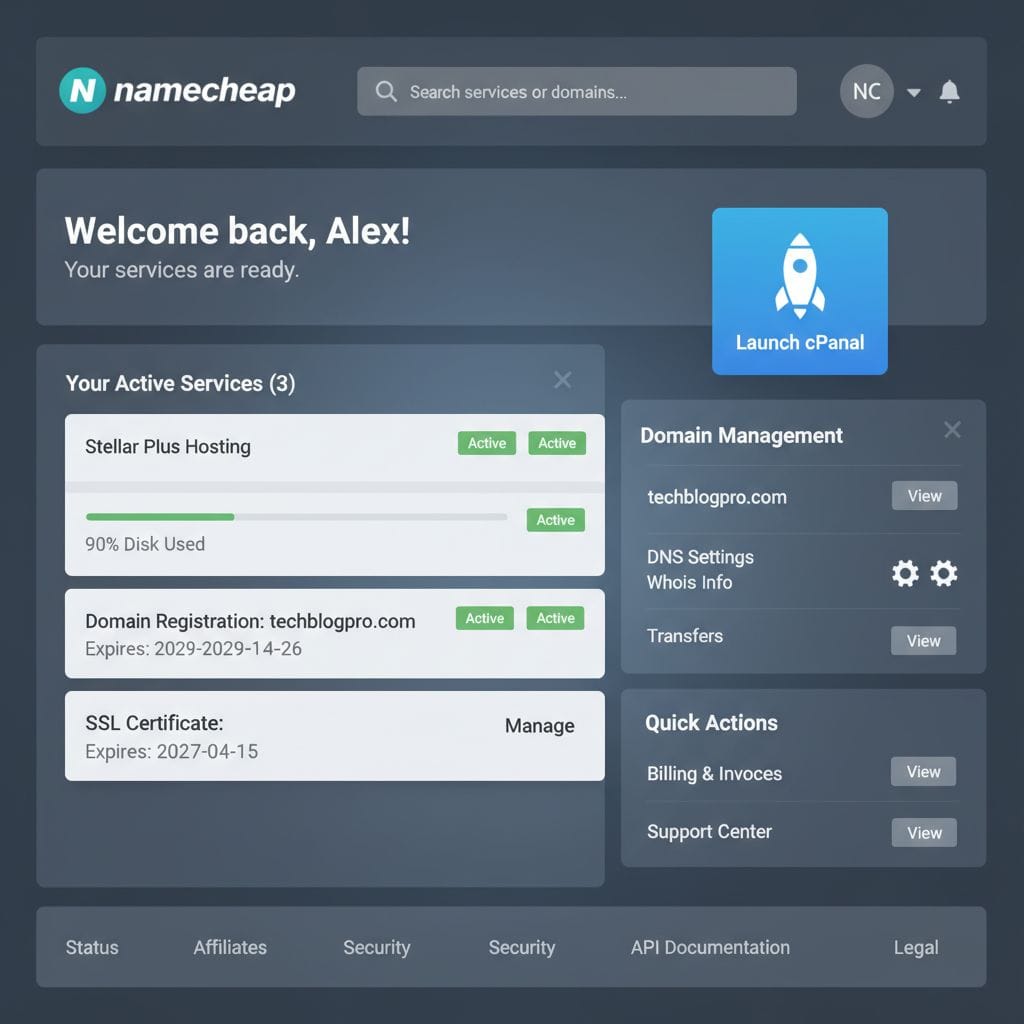 Namecheap hosting dashboard 2026 interface overview