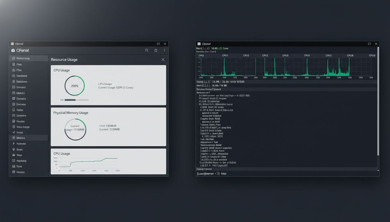 A side-by-side comparison of a shared hosting cPanel dashboard and a VPS root access terminal showing resource usage stats. A side-by-side comparison of a shared hosting cPanel dashboard and a VPS root access terminal showing resource usage stats.