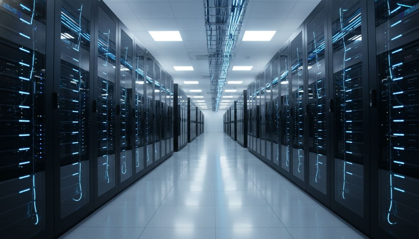 A professional photo of a modern data center with rows of server racks and blue LED lights. A professional photo of a modern data center with rows of server racks and blue LED lights.