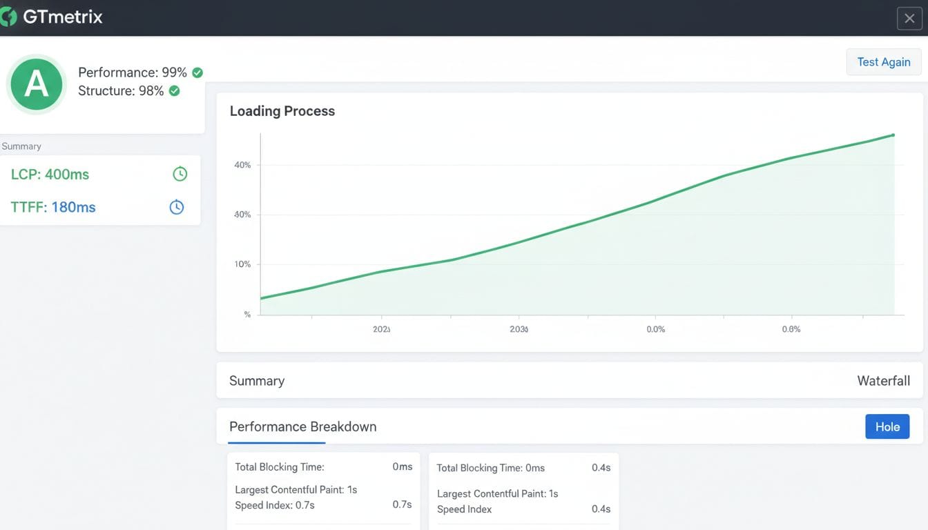 A GTmetrix performance report showing an A-grade result with a 200ms TTFB for a VPS hosted site. A GTmetrix performance report showing an A-grade result with a 200ms TTFB for a VPS hosted site.