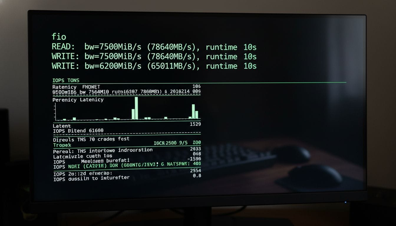 A command-line interface showing a server benchmark test with high disk I/O speeds. A command-line interface showing a server benchmark test with high disk I/O speeds.
