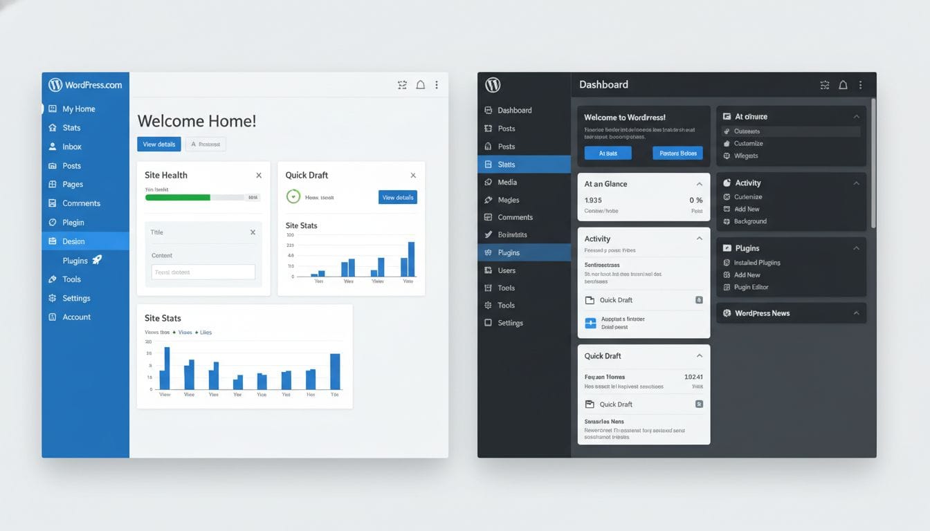 Side-by-side comparison of WordPress.com and WordPress.org admin dashboards Side-by-side comparison of WordPress.com and WordPress.org admin dashboards