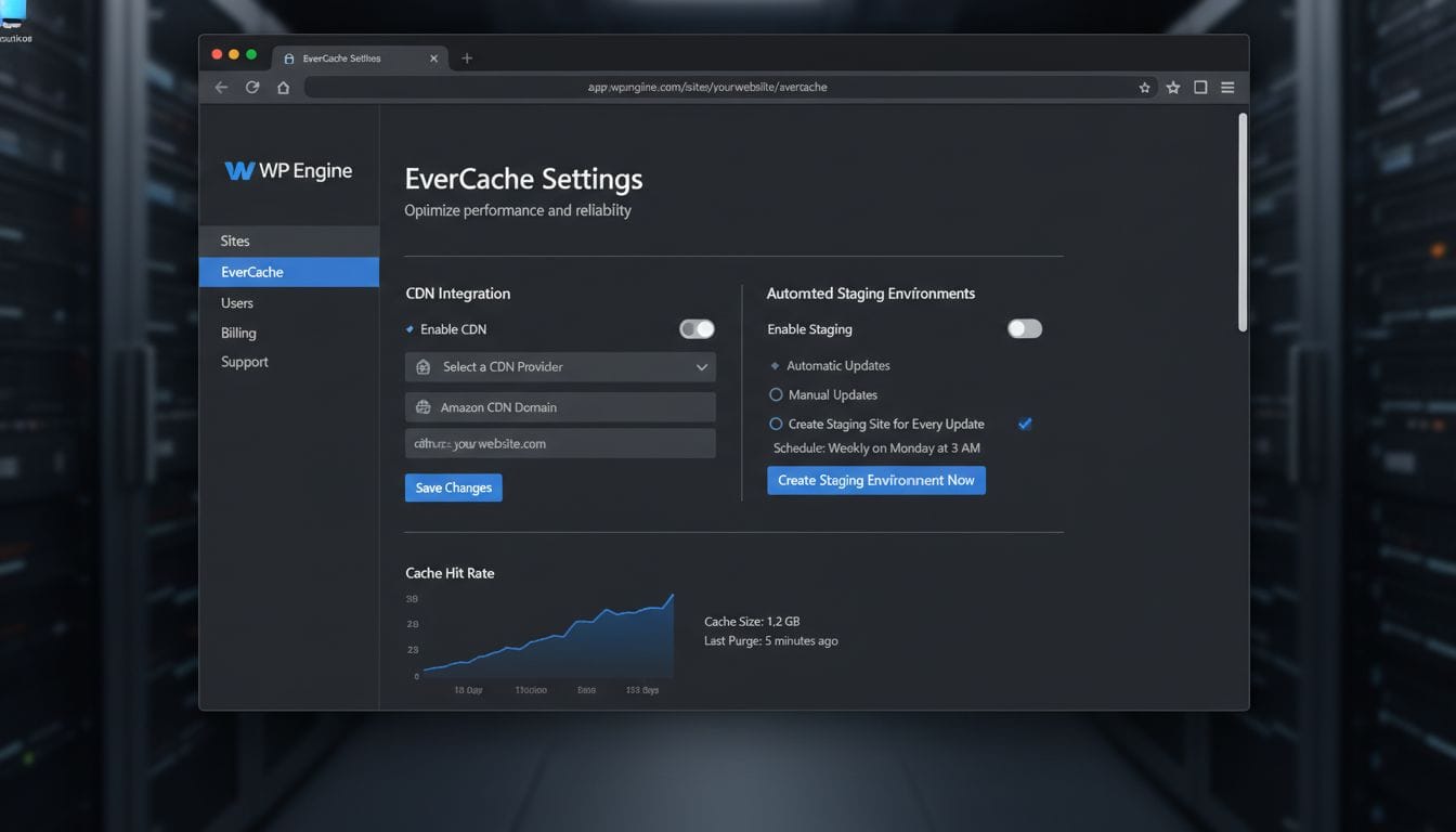 WP Engine user portal showing advanced caching settings and security logs