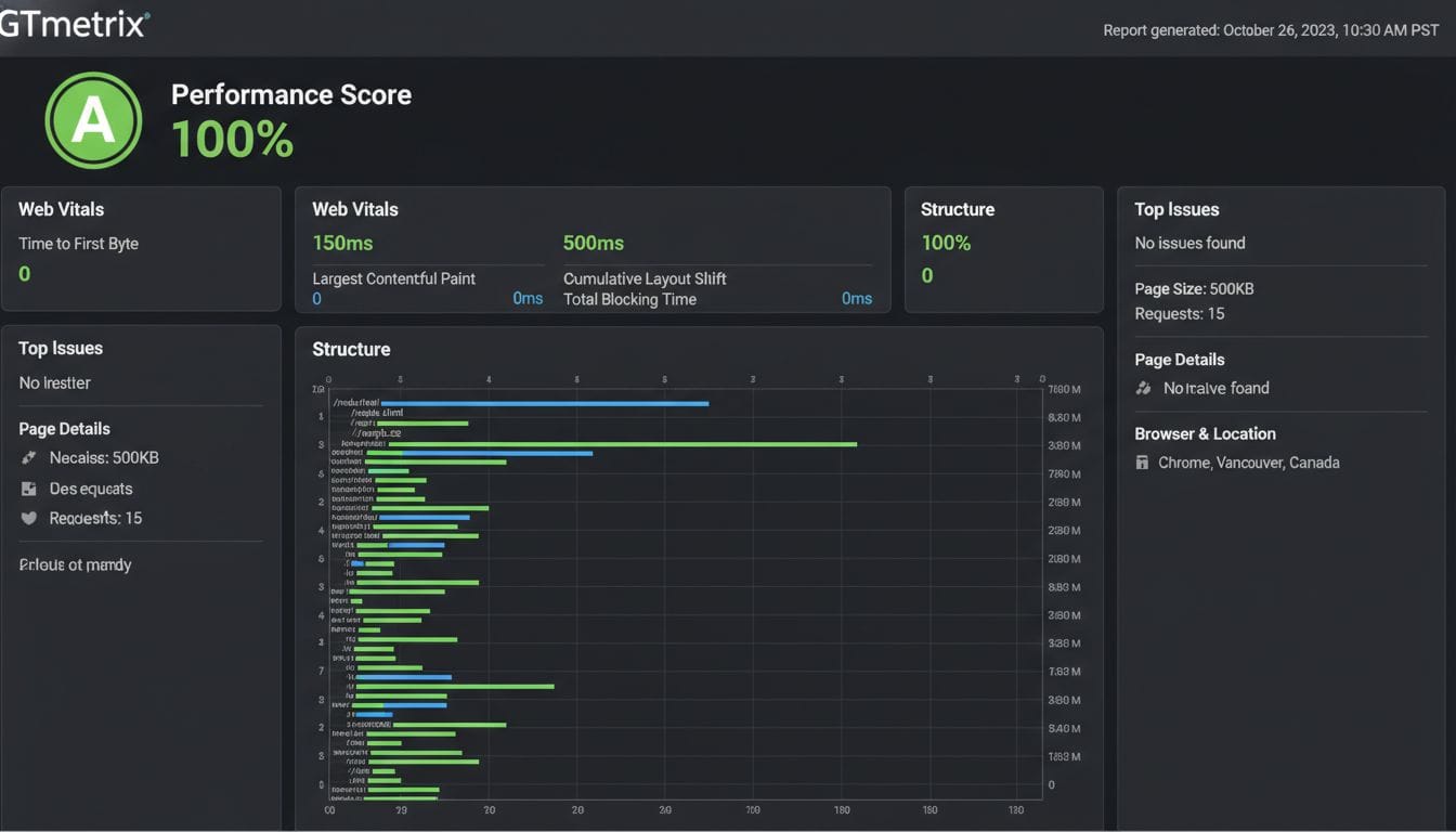 GTmetrix report showing 100% performance score and 150ms TTFB for a site on Rocket.net