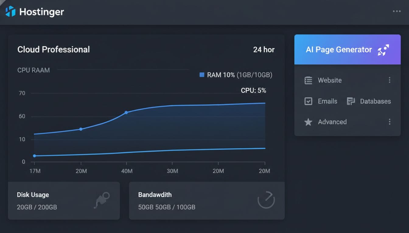 Hostinger hPanel dashboard showing cloud server resource usage and AI website builder
