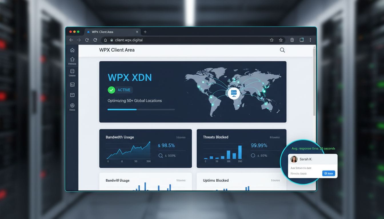 WPX Hosting dashboard showing XDN status and 30-second support chat window