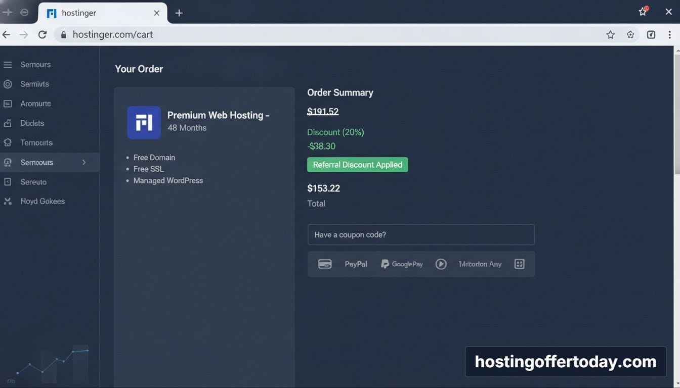 hostinger 20 off coupon code applied to cart showing discount breakdown hostinger 20 off coupon code applied to cart showing discount breakdown