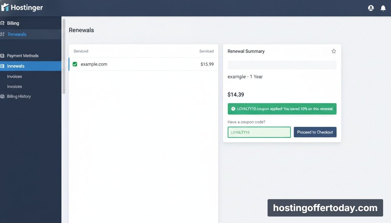 hostinger coupon code for domain renewal option inside the hPanel billing section showing a 10 percent loyalty discount applied hostinger coupon code for domain renewal option inside the hPanel billing section showing a 10 percent loyalty discount applied