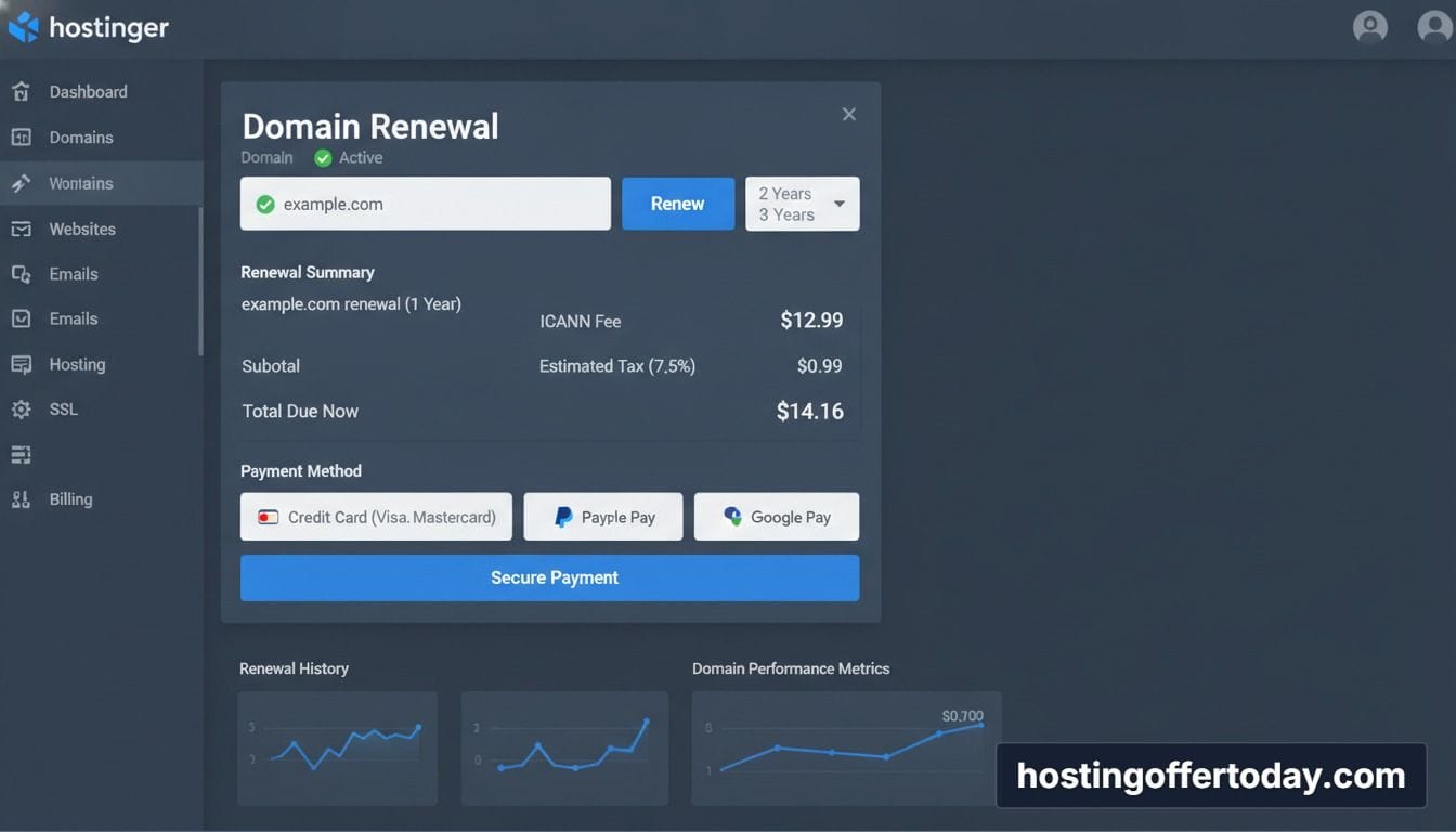 hostinger domain renewal process step-by-step screenshot in hPanel showing the renew button and payment options hostinger domain renewal process step-by-step screenshot in hPanel showing the renew button and payment options