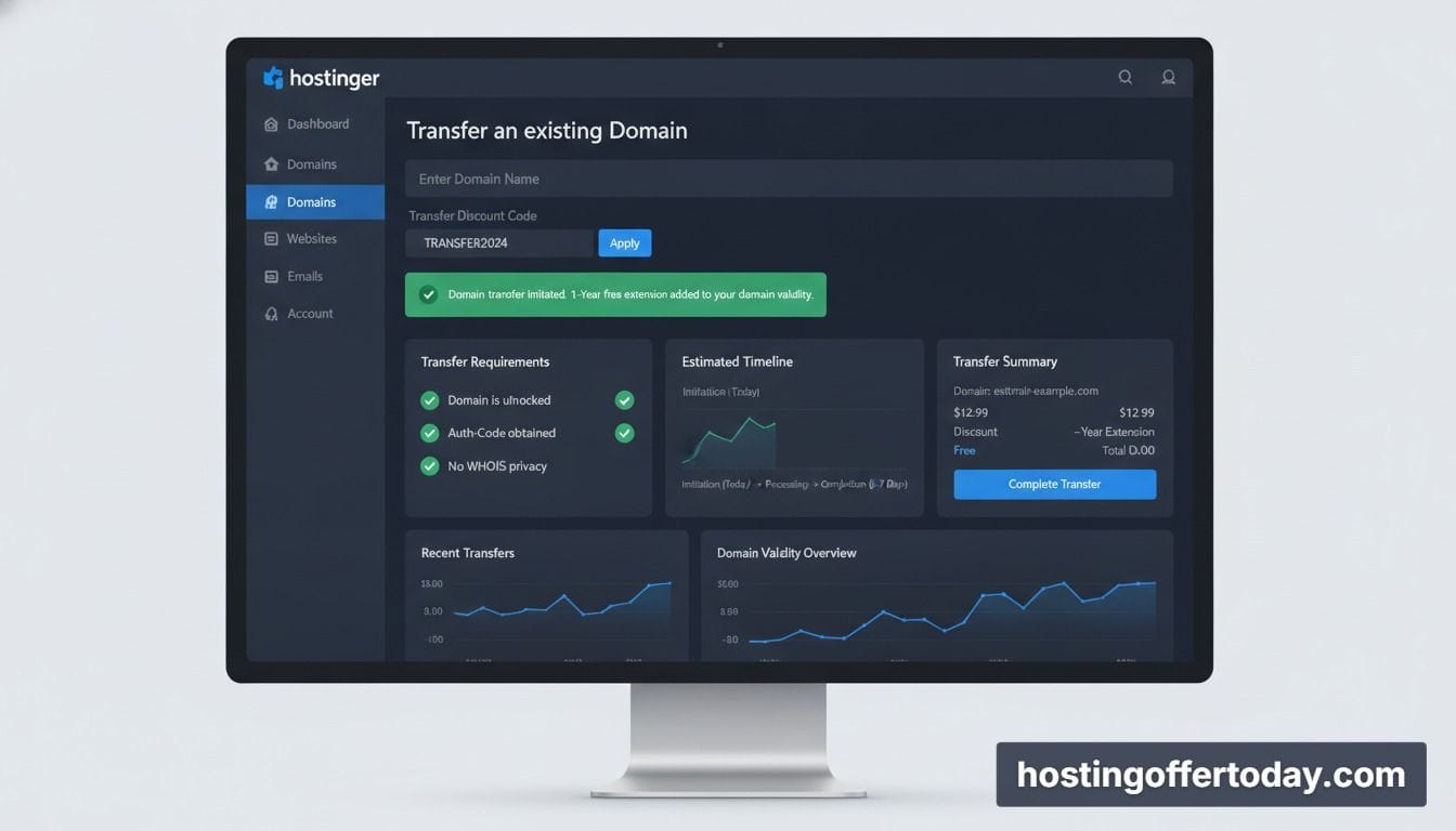 hostinger domain transfer promo code screen showing transfer in progress with a free one year renewal extension hostinger domain transfer promo code screen showing transfer in progress with a free one year renewal extension