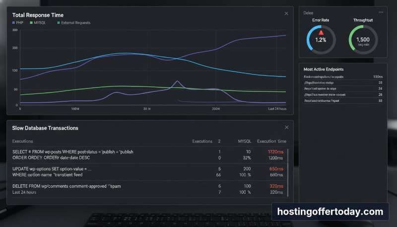 Kinsta APM tool performance dashboard showing slow database queries and transaction times Kinsta APM tool performance dashboard showing slow database queries and transaction times