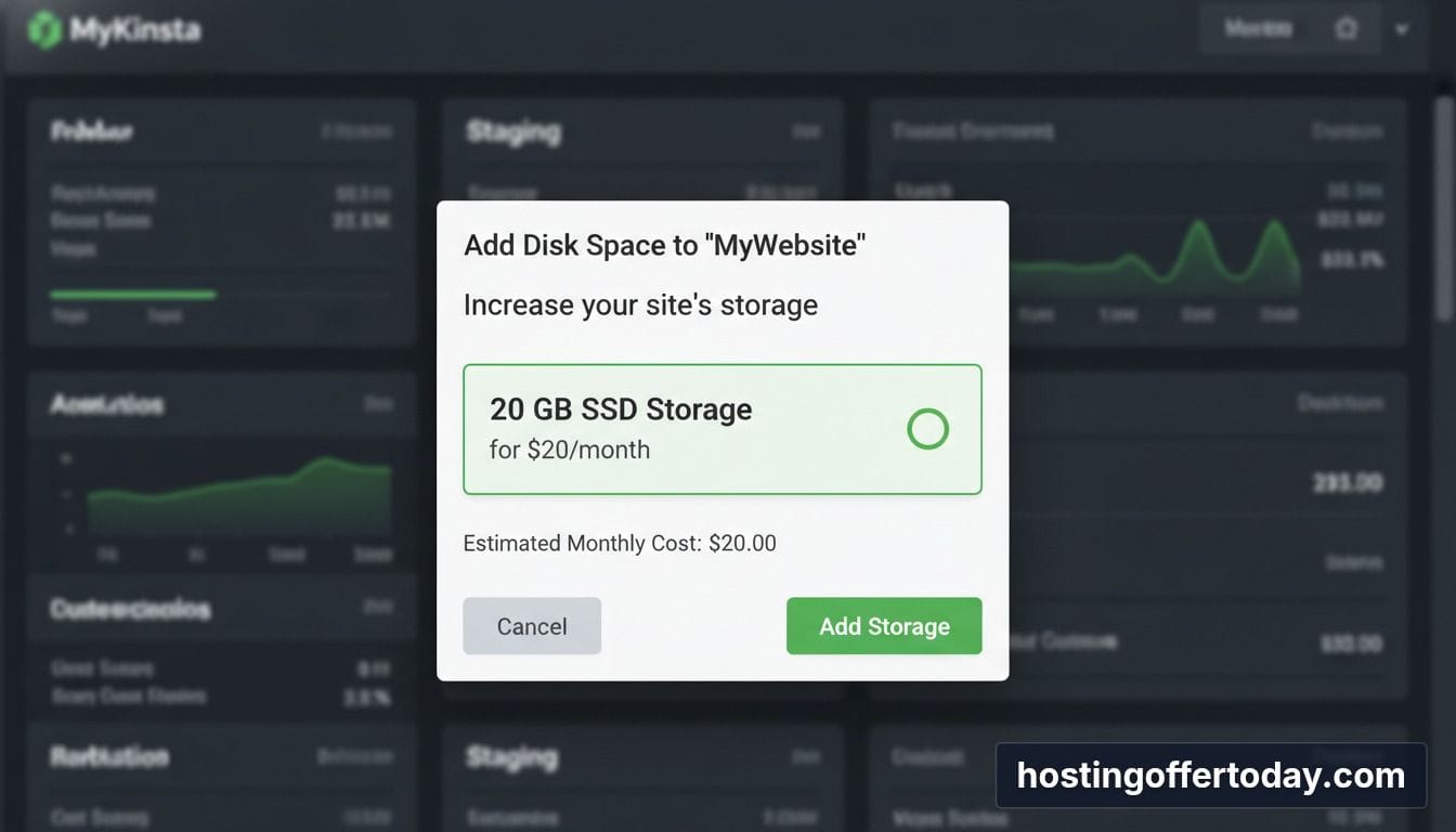 Kinsta disk space add-on activation screen in MyKinsta dashboard Kinsta disk space add-on activation screen in MyKinsta dashboard
