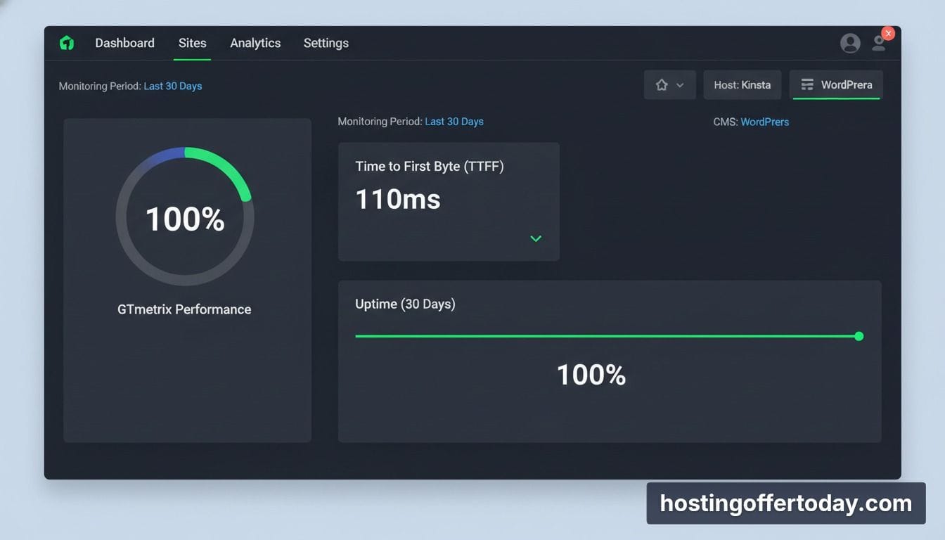 Kinsta hosting review performance speed tests showing 100 percent GTmetrix score and 110ms TTFB Kinsta hosting review performance speed tests showing 100 percent GTmetrix score and 110ms TTFB