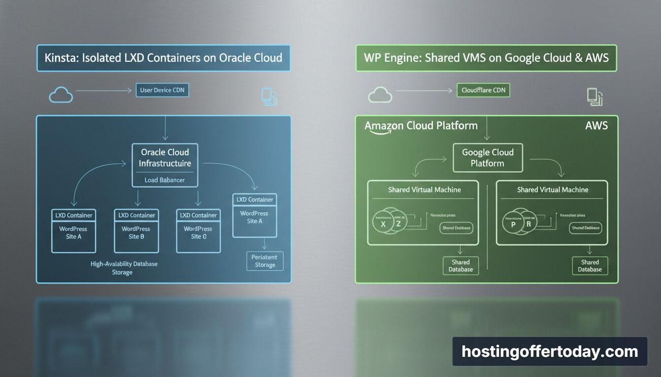 Kinsta vs WP Engine server architecture showing isolated LXD containers versus shared cloud virtual machines Kinsta vs WP Engine server architecture showing isolated LXD containers versus shared cloud virtual machines
